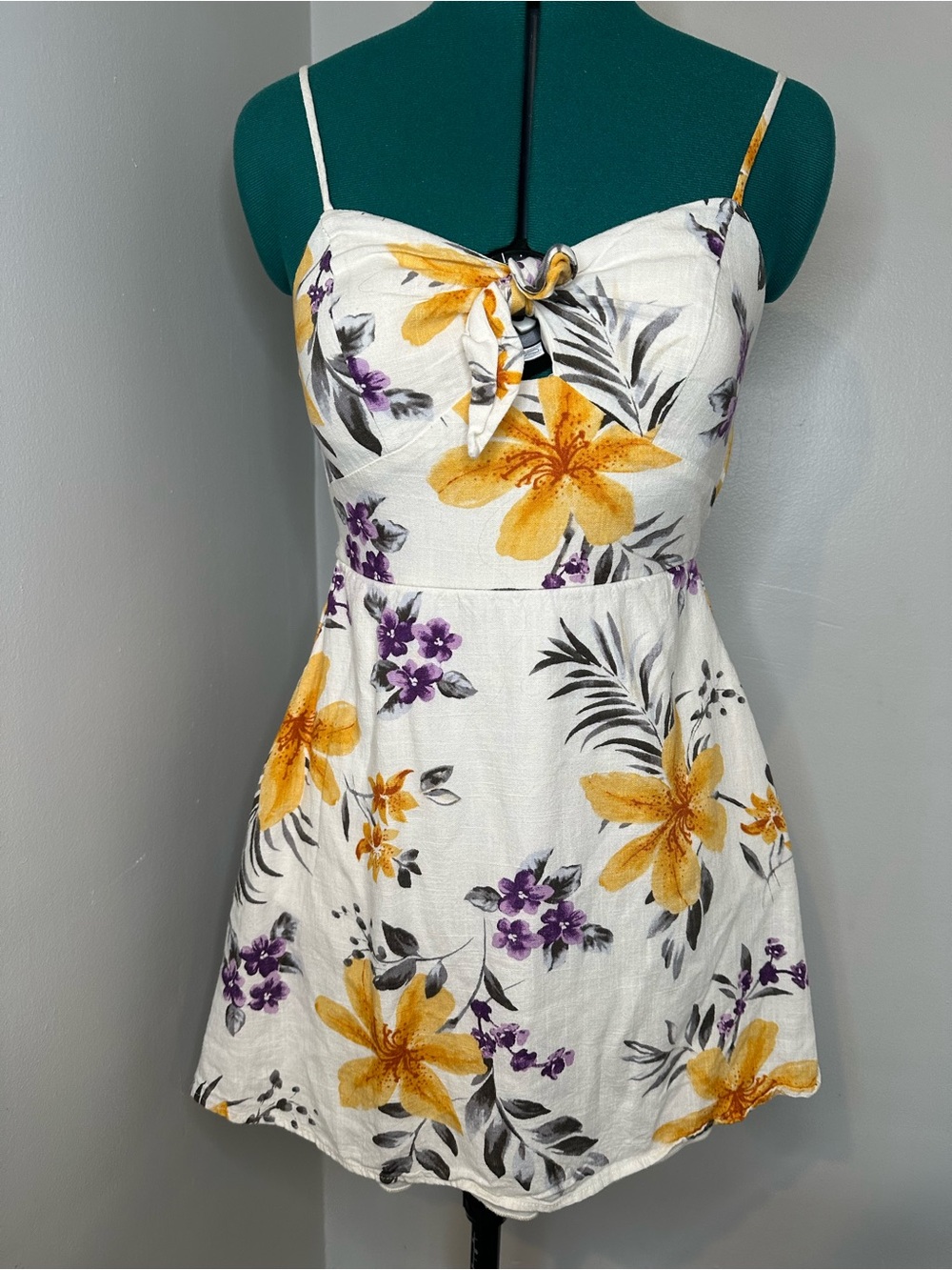 Speechless White Floral Tie-Front mini dress with Yellow & Purple Blooms